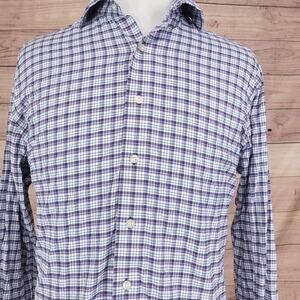 Peter Millar Crown Crafted Nylon Shirt Large Blue Plaid Long Sleeve Button Up